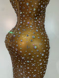 Sparkly Rhinestone Stretchy Mesh See Through Dress Women Performance Dancer Costume Luxury Birthday Nightclub Stage Outfit
