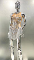 Women Sexy Mesh Shinning Sequins Tassel Bodycon Bodysuit Nightclub Party Birthday Performance Costume Stage Wear