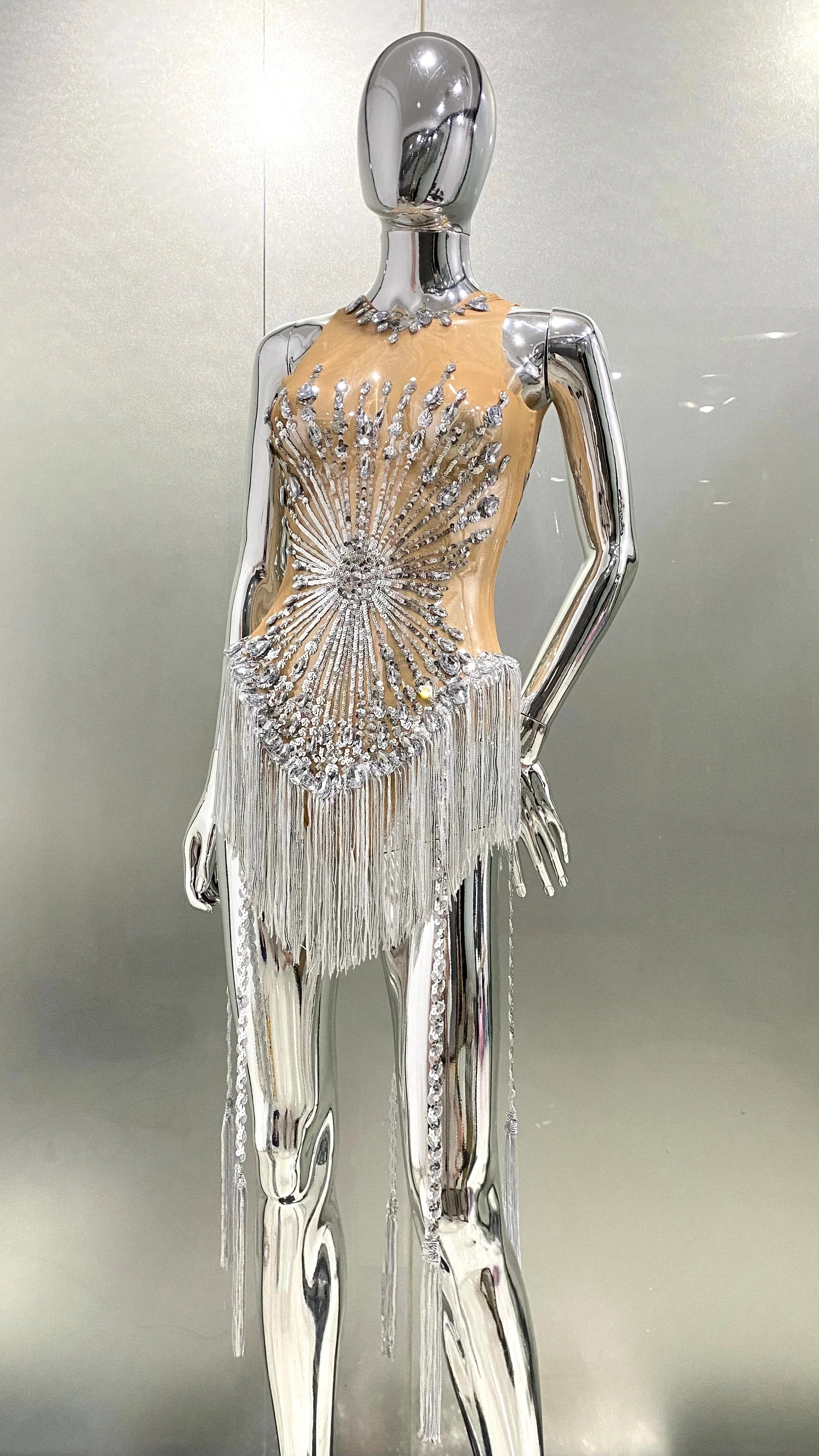 Women Sexy Mesh Shinning Sequins Tassel Bodycon Bodysuit Nightclub Party Birthday Performance Costume Stage Wear
