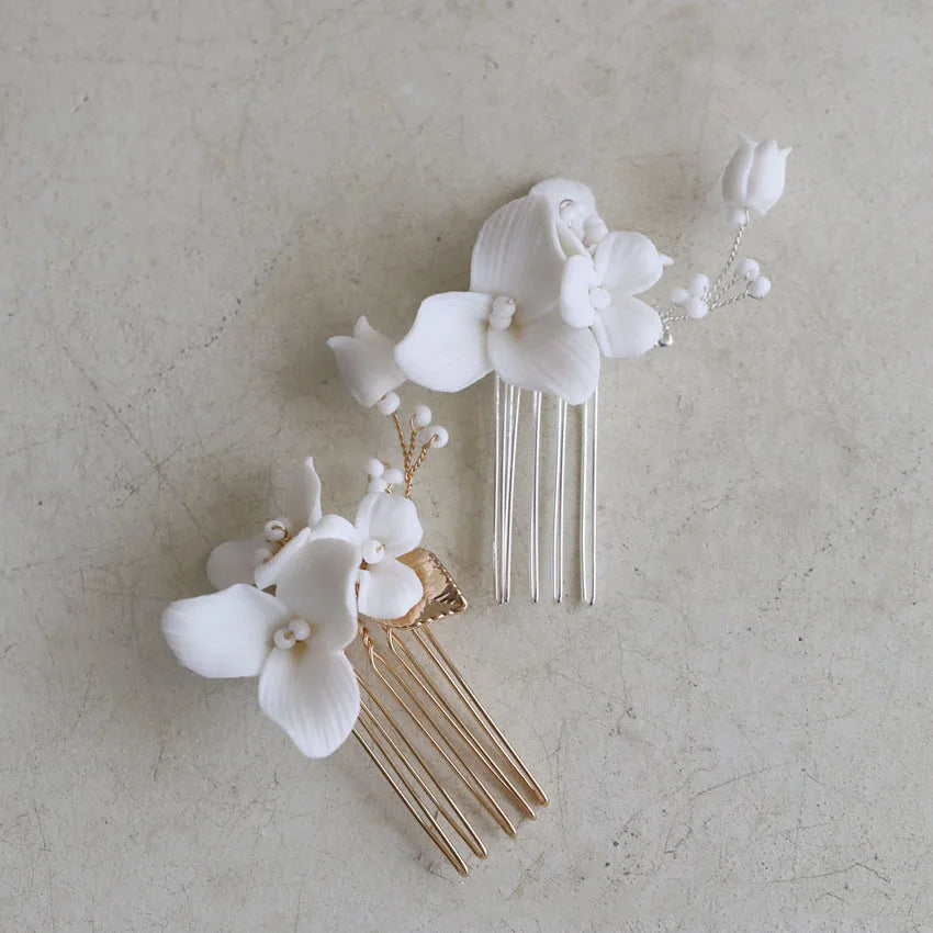 Porcelain Flower Hair Comb Pin Clip Gold Silver Color Head Piece Brides Bridesmaids Hairpin Wedding Accessories Bridal Jewelry