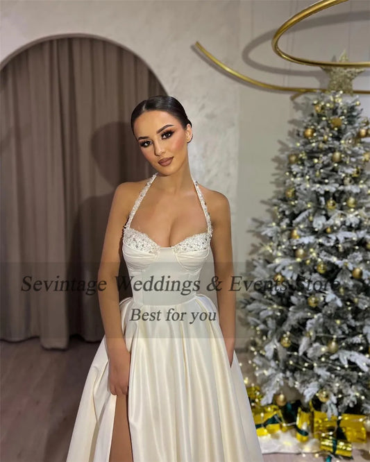 Elegant Ivory A-Line Prom Dress Spaghetti Strap Ruched High Slit Floor Length Princess Evening Dress vestido de gala