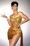 Sexy Women Shinning Sequins 2 Pieces Bodycon Mini Dress Fashion Celebrate Nightclub Party Bar Singer Performance Costume Gold