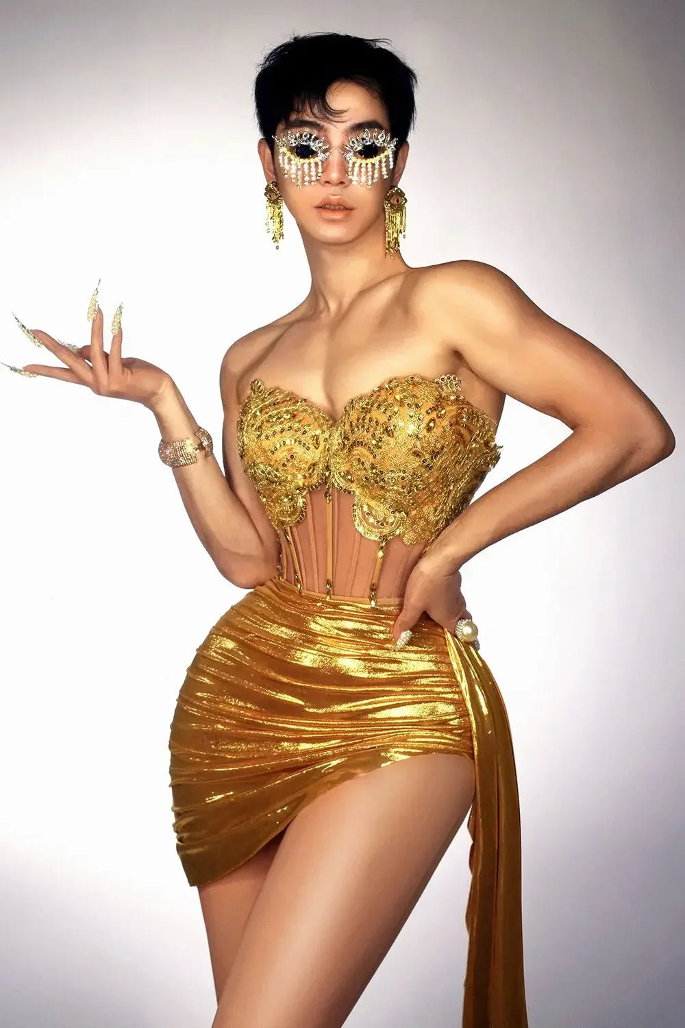 Sexy Women Shinning Sequins 2 Pieces Bodycon Mini Dress Fashion Celebrate Nightclub Party Bar Singer Performance Costume Gold