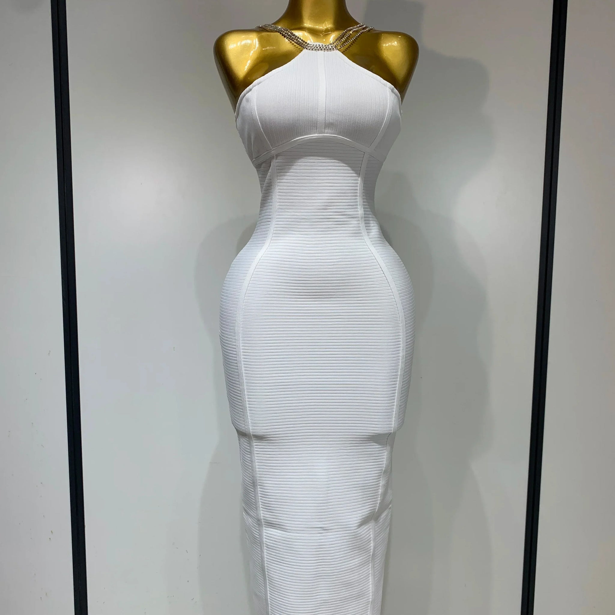 Sexy Sling Backless Crystal Diamonds Chain Bodycon Bandage Dress White Elegant Evening Club Luxury Birthday Party Dresses WHITE