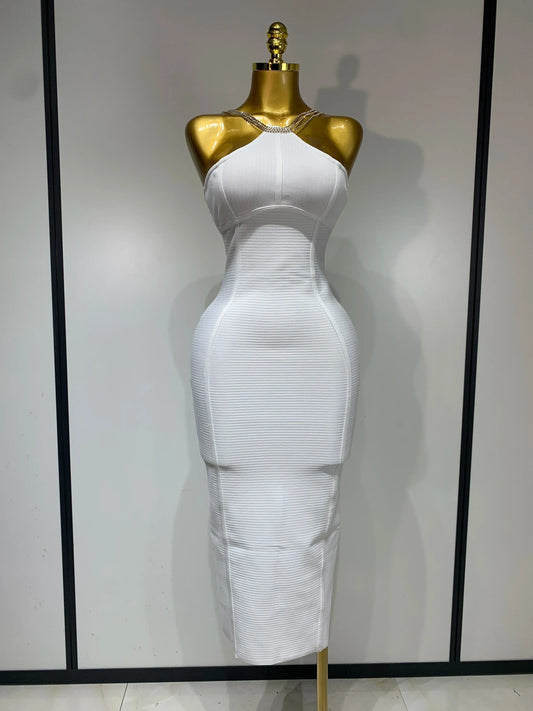 Sexy Sling Backless Crystal Diamonds Chain Bodycon Bandage Dress White Elegant Evening Club Luxury Birthday Party Dresses WHITE
