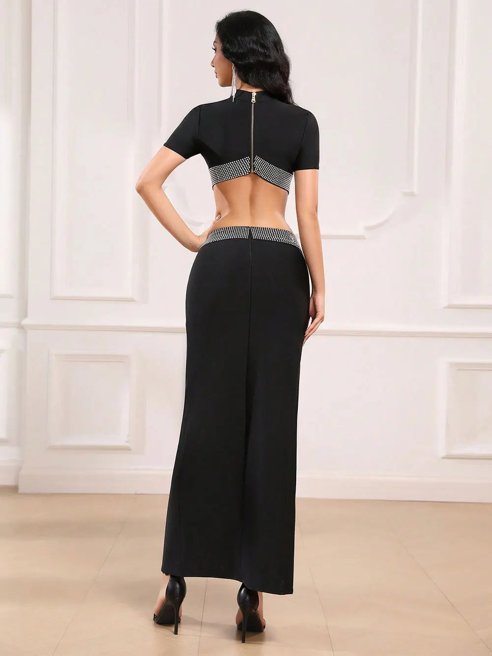Sexy Women's Water Diamond Waist Design Bandage Dress Stand Collar Long Sleeve Bodycon Split Length Dresses Party Vestidos