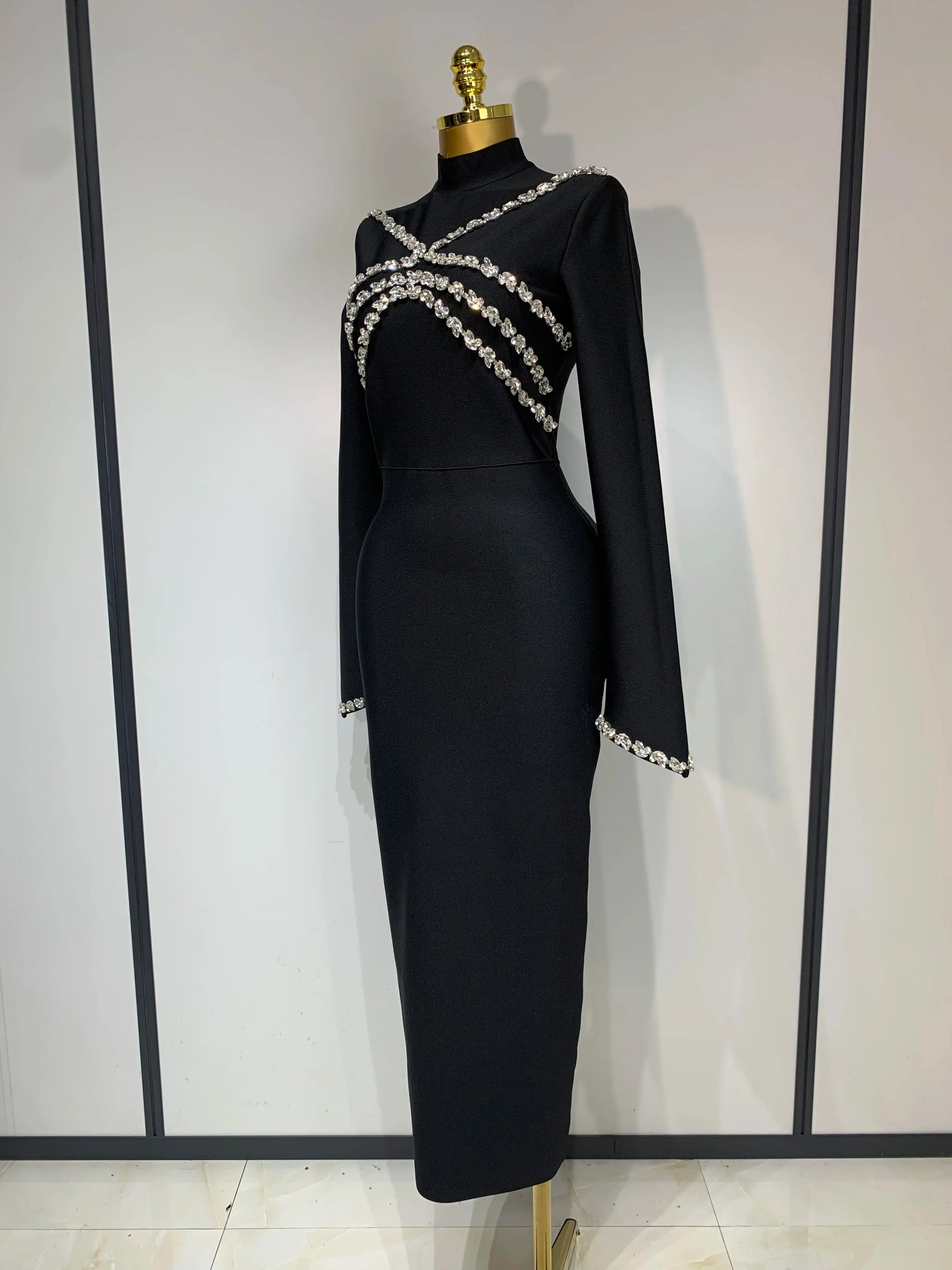 High Quality Women Long Sleeve Shinning Crystal Bodycon Long Bandage Dress Celebirty Elegant Evening Party Luxury Birthday Dress