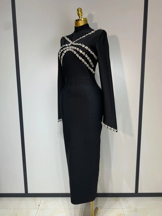 High Quality Women Long Sleeve Shinning Crystal Bodycon Long Bandage Dress Celebirty Elegant Evening Party Luxury Birthday Dress