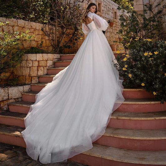 Vestido De novia modesto De cuello alto y manga larga, vestido clásico con apliques para novia, elegante vestido De novia largo De corte A, bata De boda