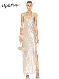 2025 Spring Sexy Women's Light Luxury Bright Piece Long Dress with U Neck Sleeveless Bodycon backless Evening Club Party Dresses
