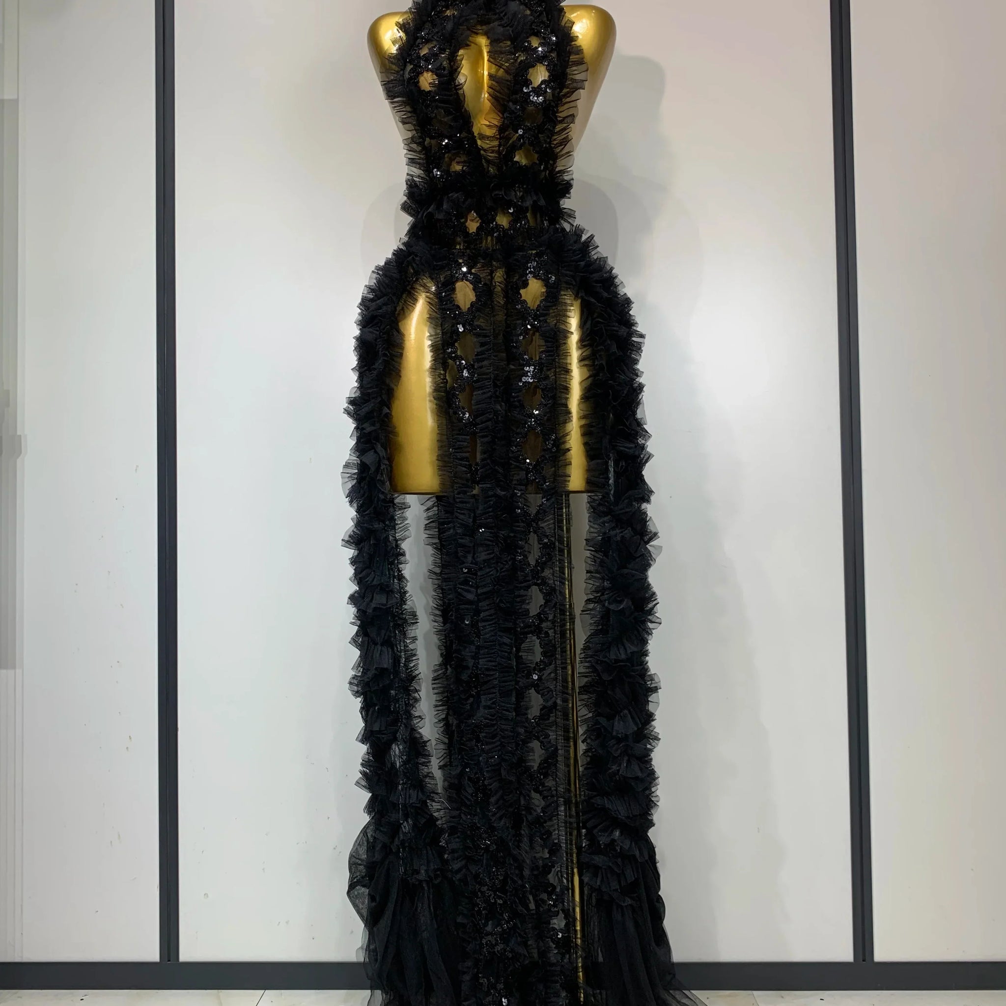Black Mesh Sequins Sexy Halter See Through Dress Evening Party Prom Nightclub Singer Performance Costume Stage Wear black