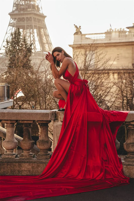 Sexy Halter Burgundy Evening Dress Long Train Prom Dress Sexy Open Back Party Dress Silk فساتين مناسبة رسمية