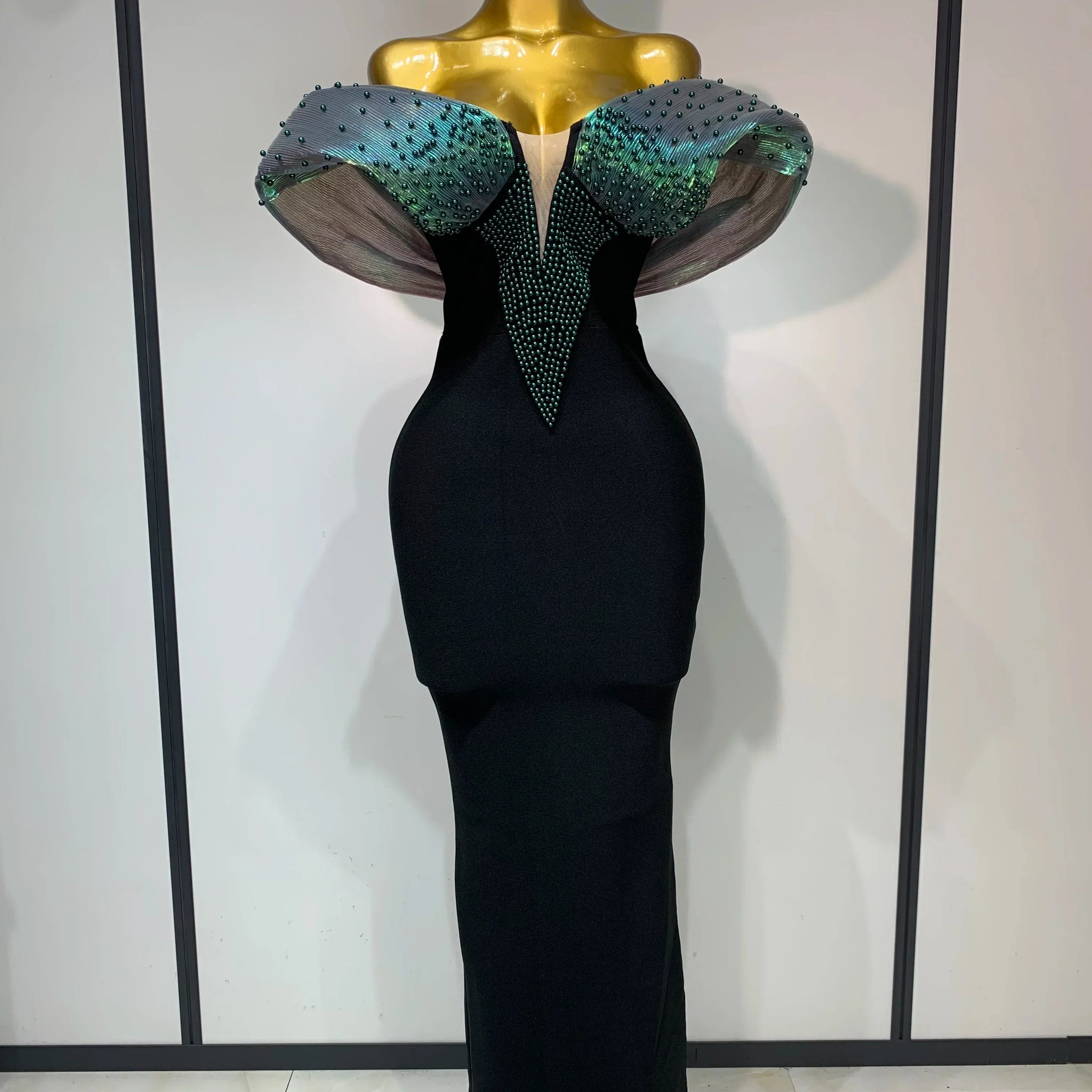 Women Celebrity Sexy Off Shoulder Beading Bodycon Maxi Long Bandage Dress Elegant Evening Club Party Luxury Birthday Outfit black