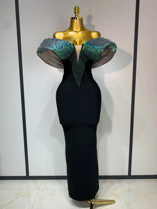 Women Celebrity Sexy Off Shoulder Beading Bodycon Maxi Long Bandage Dress Elegant Evening Club Party Luxury Birthday Outfit black