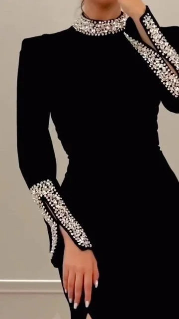 Red Black Color Women Long Sleeve Shinning Crystal Bodycon Long Bandage Dress Elegant Celebrate Evening Party Cocktail Dress black