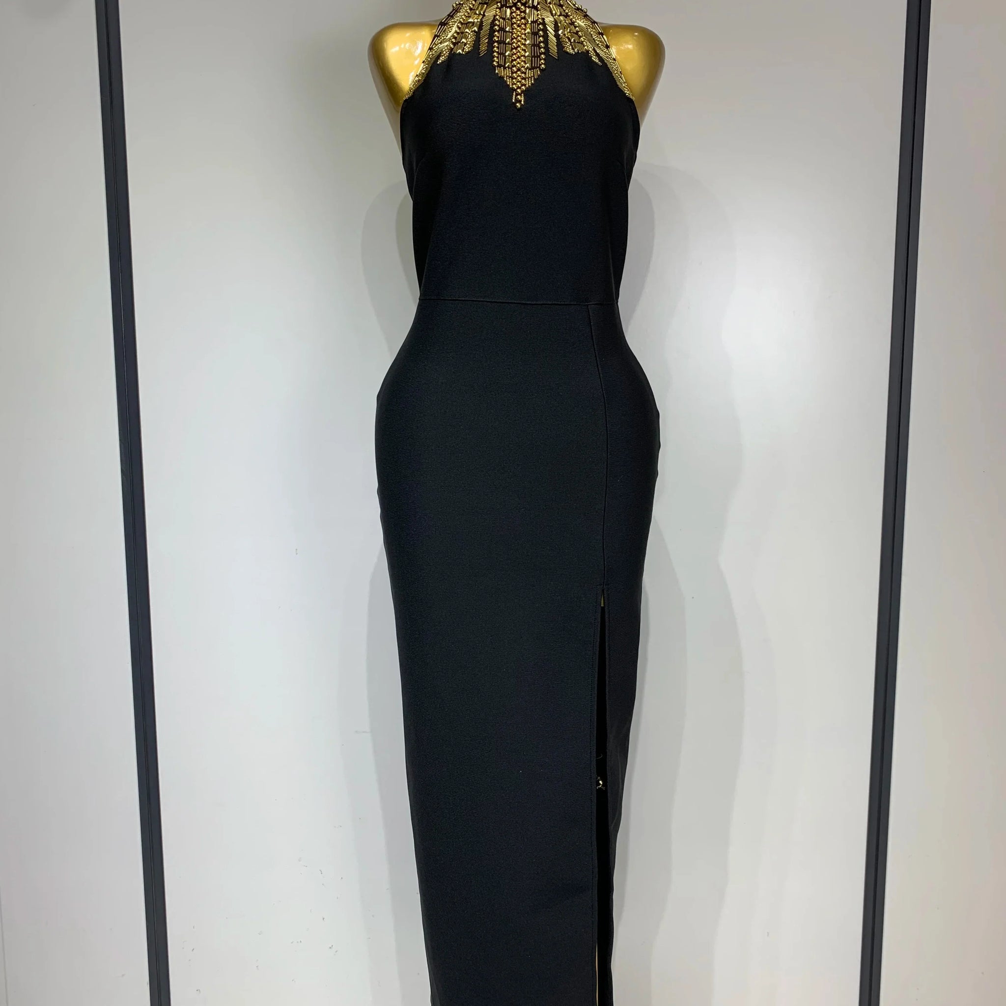 Women Fashion Celebrity Sexy Backless Beading Midi Black Bodycon Bandage Dress Elegant Evening Club Luxury Birthday Dresses