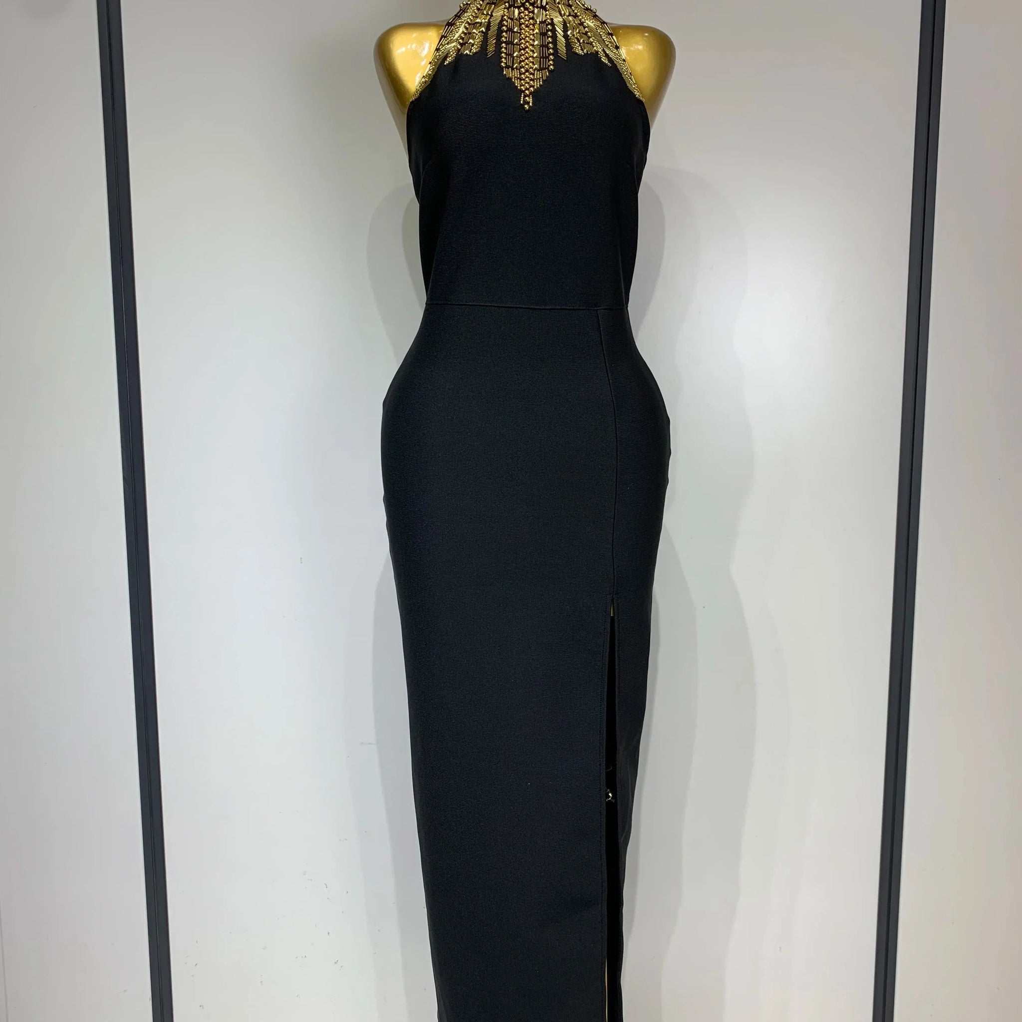 Women Fashion Celebrity Sexy Backless Beading Midi Black Bodycon Bandage Dress Elegant Evening Club Luxury Birthday Dresses