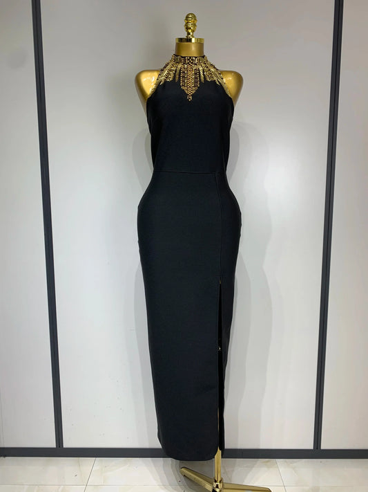 Women Fashion Celebrity Sexy Backless Beading Midi Black Bodycon Bandage Dress Elegant Evening Club Luxury Birthday Dresses