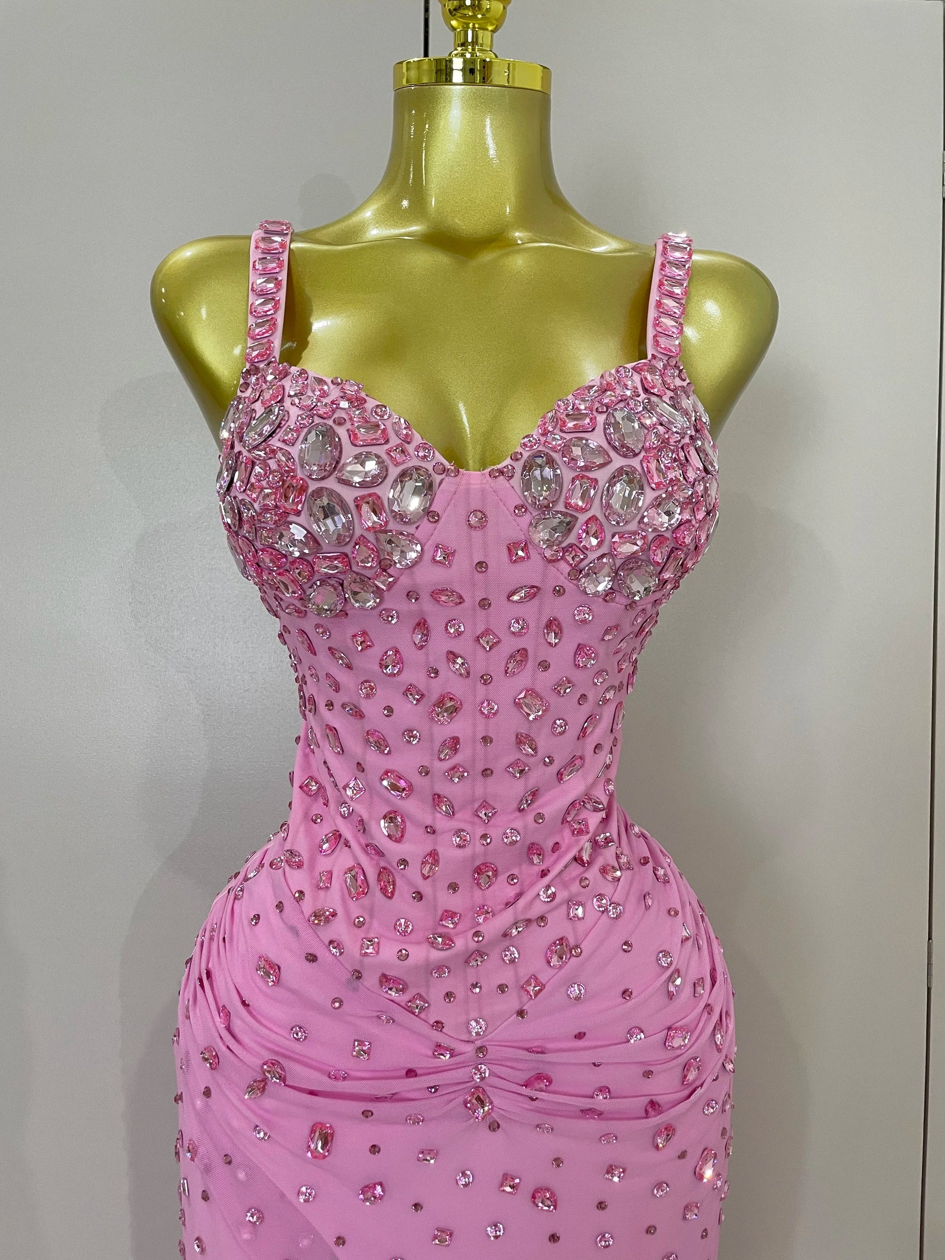 Luxury Pink Rhinestones Split Floor Length Dress Women Sexy Evening Celebrate Birthday Party Dress Photoshoot Stage Wear