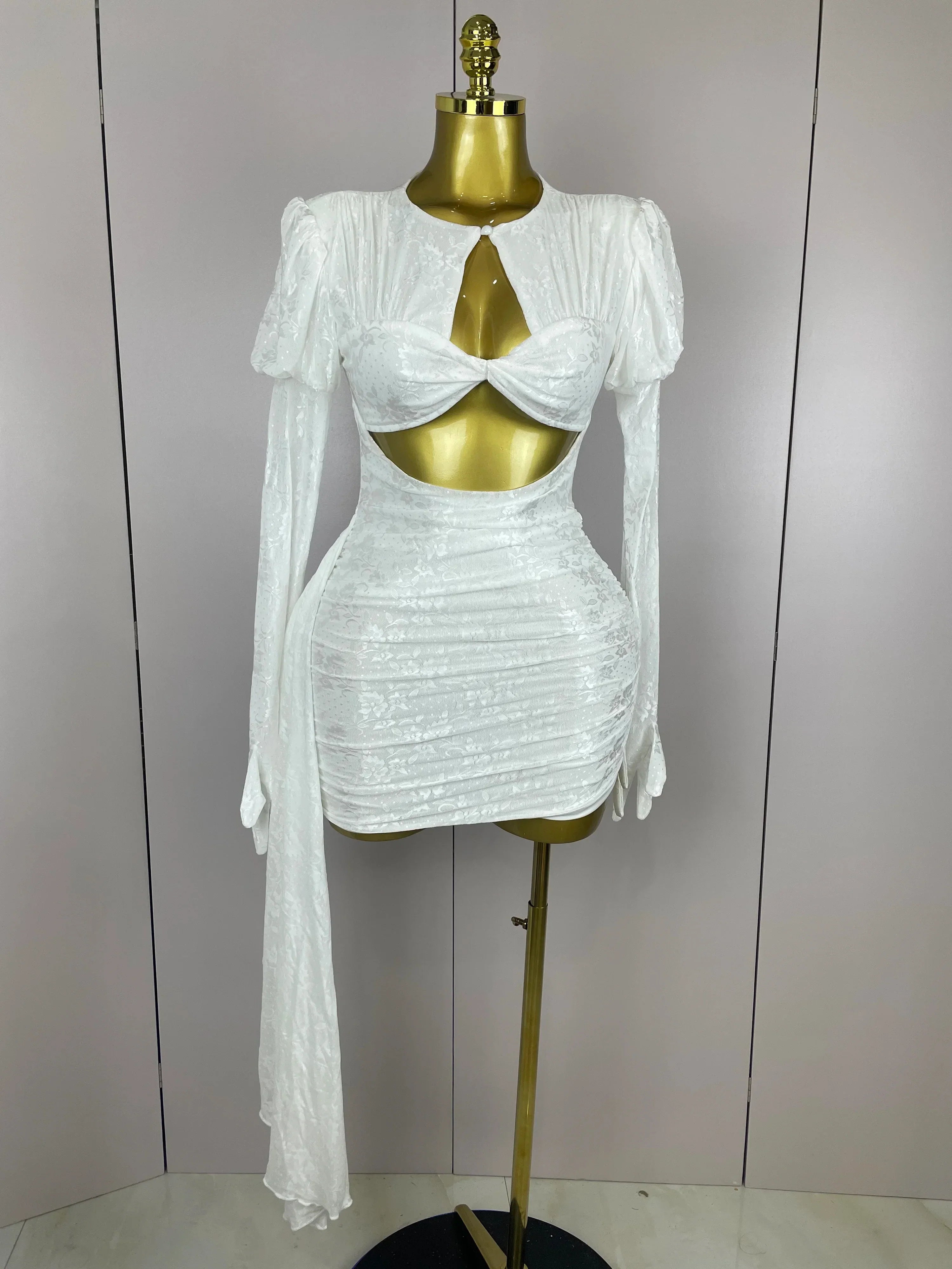 Women White Birthday Dress Fashion Long Sleeve O Neck Cut Out Bodycon Mini  Trailing One Piece Celebrity Evening Club Dresses
