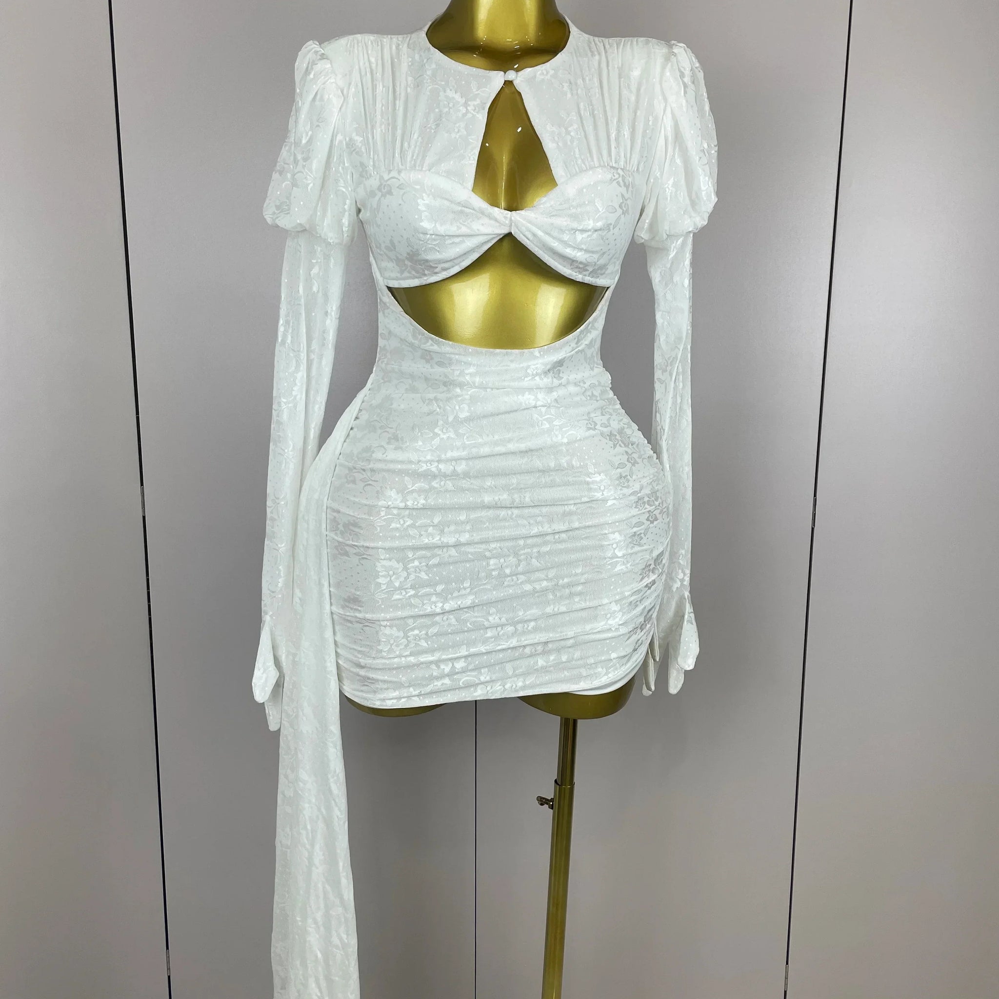 Women White Birthday Dress Fashion Long Sleeve O Neck Cut Out Bodycon Mini Trailing One Piece Celebrity Evening Club Dresses WHITE