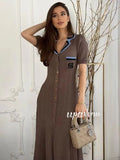 Elegant Women's Slim Fit Knitted Dress Fashionable Polo Neck Short Sleeve Single breasted Design Split Knitted Mid length Dress