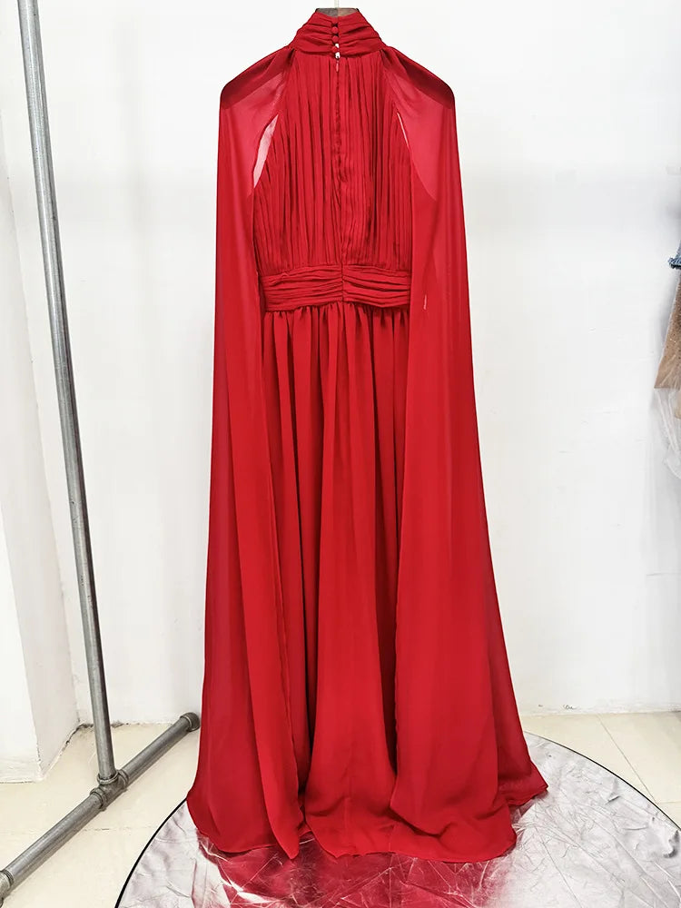 Arrival Red Color Women Fashion Cloak Sleeve Slim Floor-length Dress Elegant Eveening Party Celebrate Prom Outfit