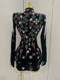 Sexy Sparkle Multicolor Rhinestones Black Velvet Gloves Slit Short Dress Women Evening Birthday Party Club Stage Costume