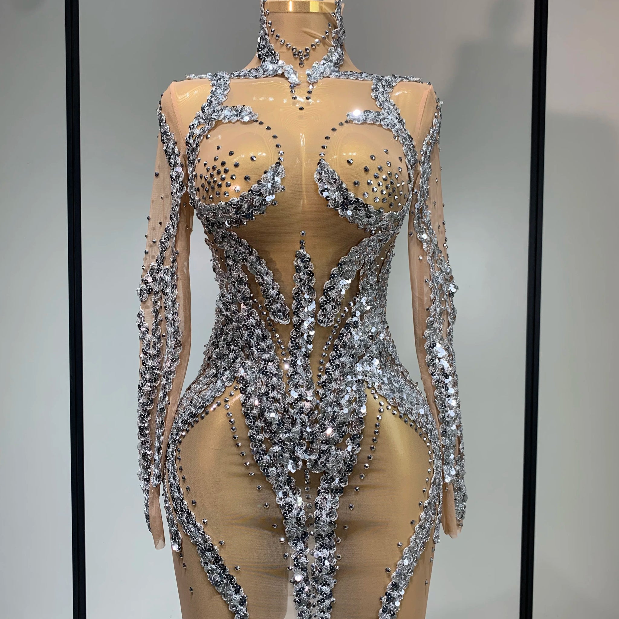 Women Sparkly Rhinestones Sexy Mesh Transparent Mini Dress Eveing Birthday Party Dance Nightclub Festival Show Stage Costumes Silver