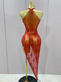 Sparkly Rhinestone V Neck Stretch Mesh Sexy See Through Dress Women Elegant Party Celebrate Perform Costume Stage Outfi