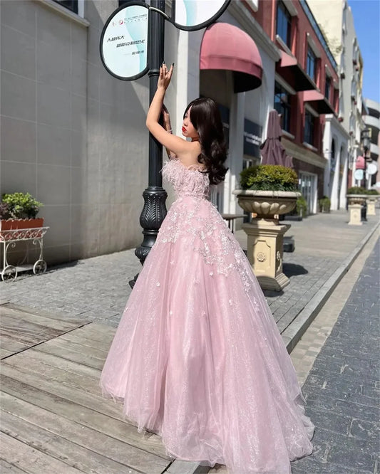 Pale Pink Ball Gown Prom Dress Lace Embroidery فساتين سهرة سعودية Off Shoulder Ostrich Hair vestido de festa noite