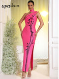 Sexy Women's Printed Bandage Dress with Hanging Neck Slant Neck Sleeveless Ruffle Bodycon Long Dress Evening Party Vestidos