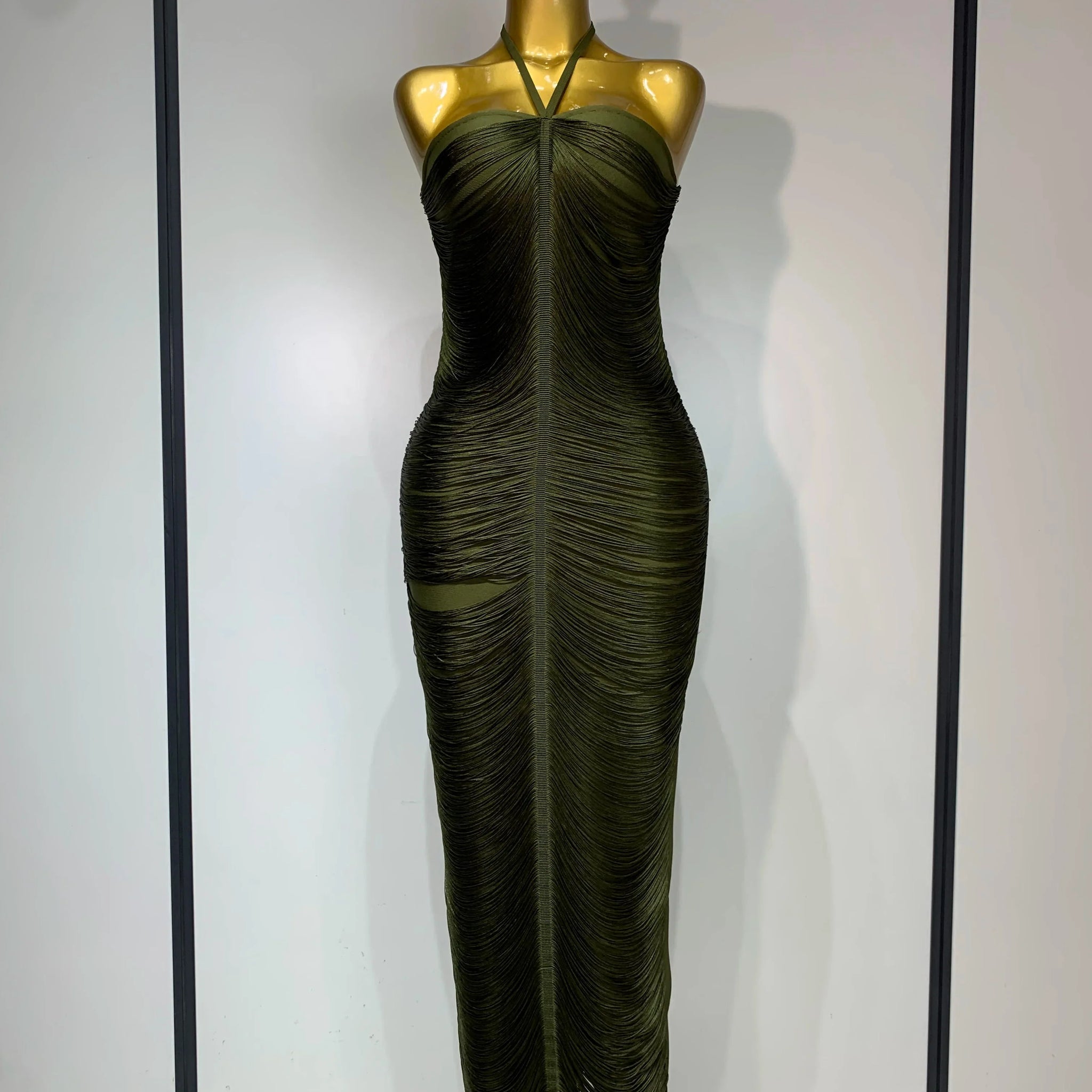 Women Sexy Celebrity Elegant Backless Halter Tassel Bodycon Bandage Dress Evening Party Luxury Birthday Wedding Guest Dress army green