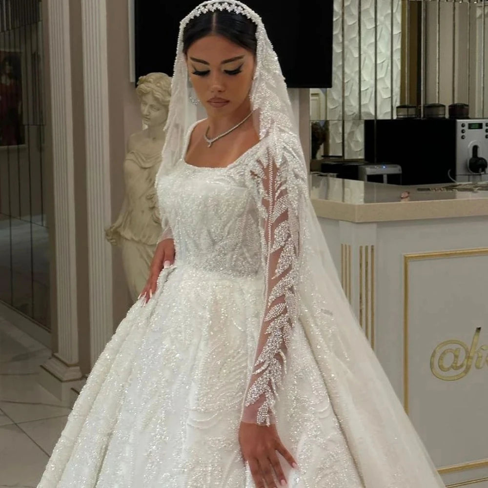 Abito da sposa al collo quadra modesto perle da sposa scintillanti abiti da sposa abito da ballo di lusso lungo la sposa vestido de novi