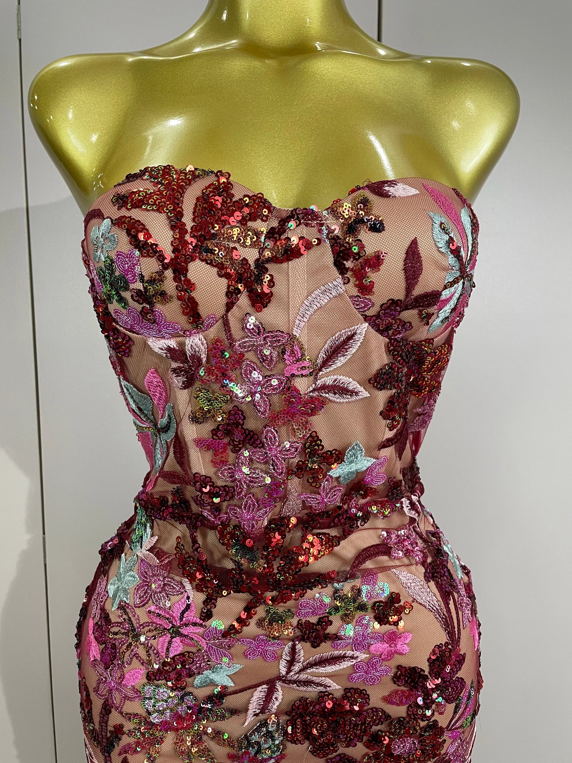 Sexy Strapless Floral Sequin Long Dress Women Sequins Flower Backless Long Slim Dress Evening Party Runway Gown Dress