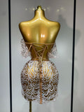 Shining Diamond Sexy Off Shoulde See-Through Mini Dress Women Evening Birthday Party Nightclub Dancer Performance Stage Costume