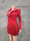 Women Long Sleeve Sexy Deep V-Neck Bodycon Blazer Dress Shinning Sequins Celebrate Nightclub Bar Singer Stage Wear