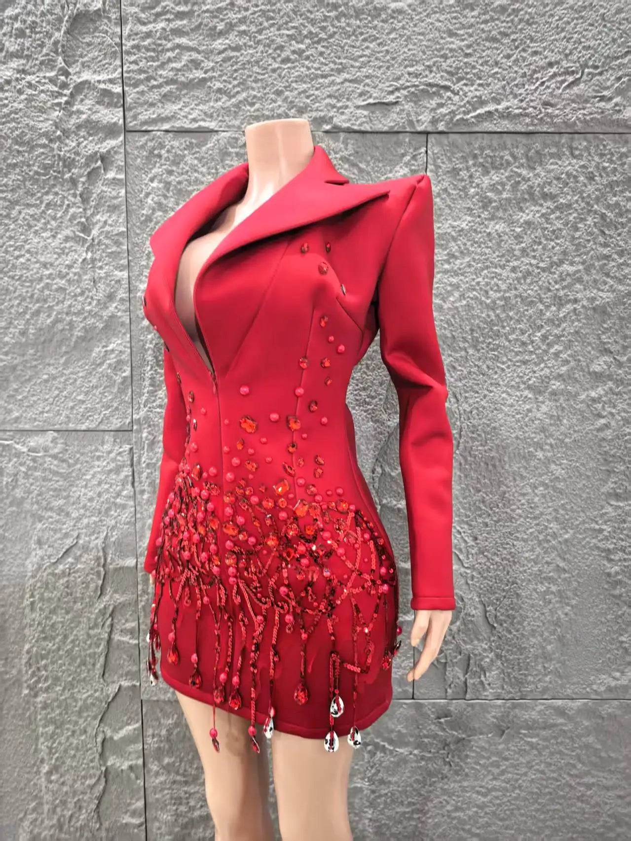 Women Long Sleeve Sexy Deep V-Neck Bodycon Blazer Dress Shinning Sequins Celebrate Nightclub Bar Singer Stage Wear