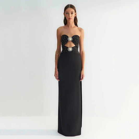 Black Pink Color Women Sexy Strapless Shinning Sequins Bodycon Bandage Long Dress Celebrate Fashion Birthday Party Outfit black