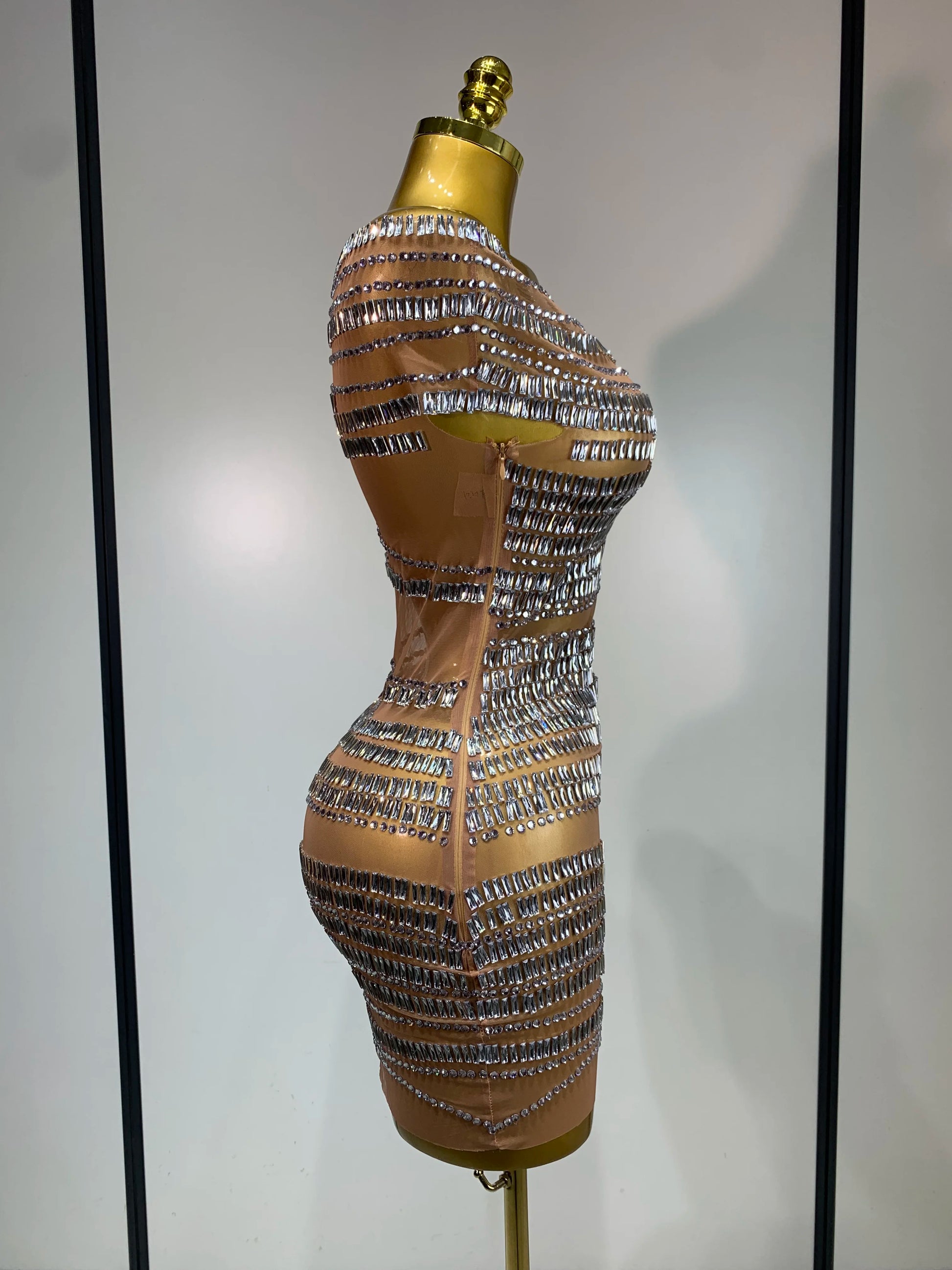 Luxury Sparkly Rhinestones Sexy Mesh Mini Dress Women Celebrate Birthday Evening Party Club Photo Shoot Dress Stage Outfit