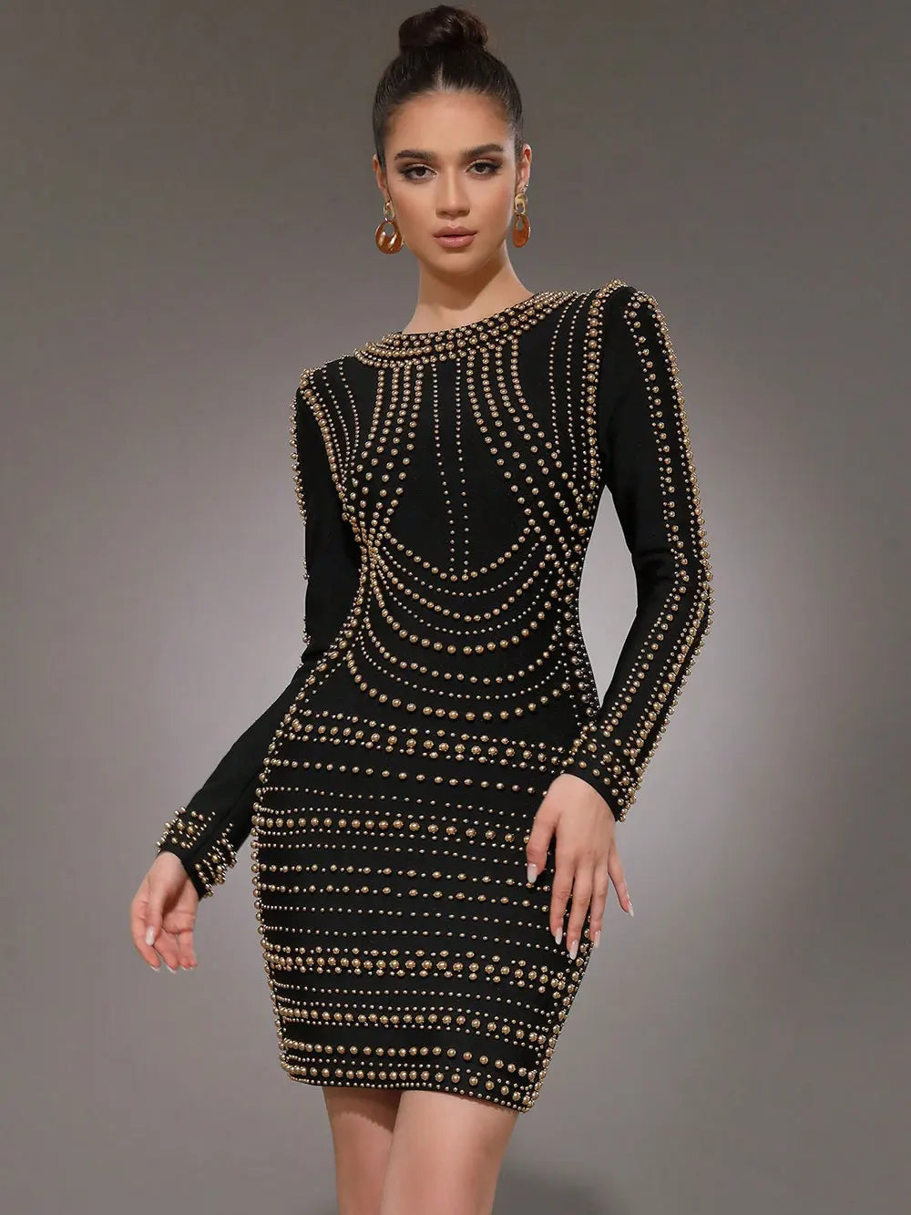 Elegant Women's Light Luxury Rivet Design Bandage Dress O-neck Long Sleeve Bodycon Black Mini Dress Evening Party Vestidos black