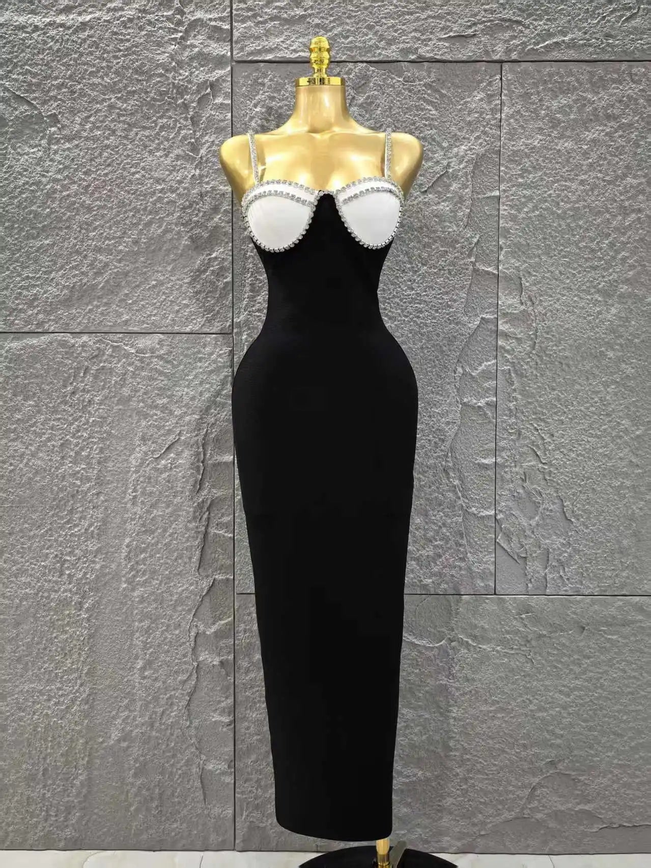 Black Red Color Women Sleeveless Sexy Strap Square Collar Bodycon Long Bandage Dress Celebrate Nightclub Party Red Carpet Dress black