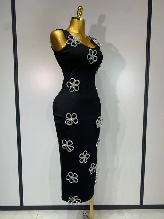 Women Celebrity Sexy Diamonds Flower Black Long Bodycon Bandage Dress Elegant Evening Club Party Luxury Birthday Dresses