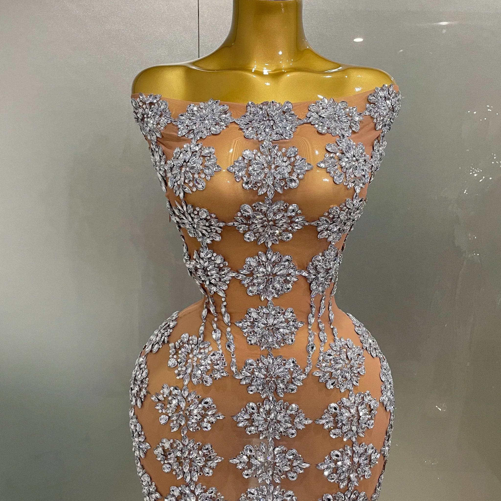 Luxury Sparkly Rhinestone Mesh Mini Dress Women Sexy Nightclub Party Dance Performance Costume Singer Dancer Show Stage Wear Silver