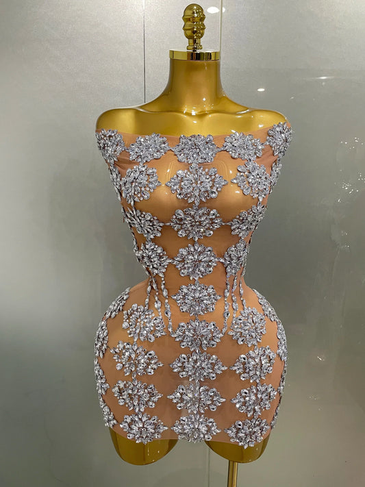 Luxury Sparkly Rhinestone Mesh Mini Dress Women Sexy Nightclub Party Dance Performance Costume Singer Dancer Show Stage Wear Silver