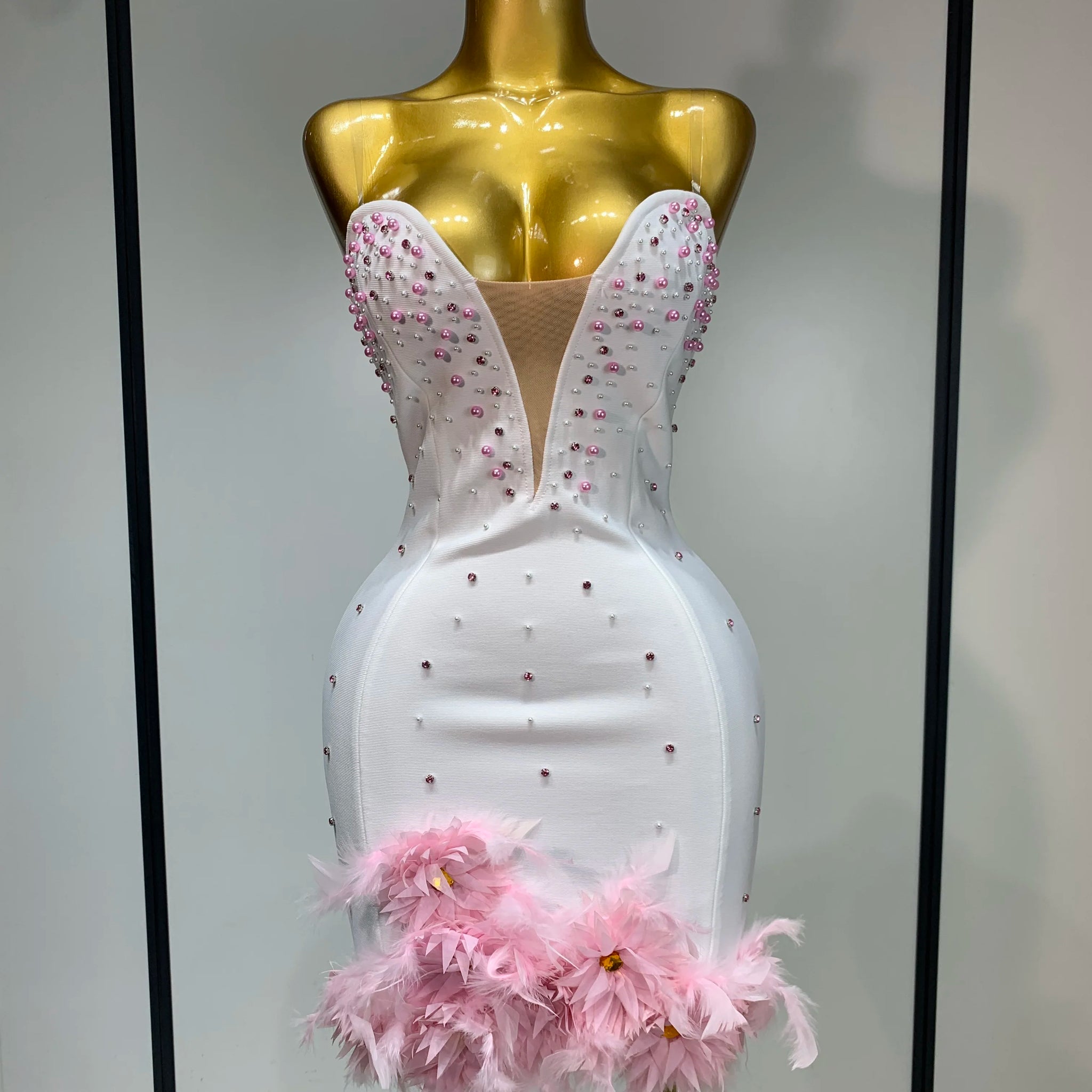 Women Sexy Backless Pink Pearls Feather Short Dress Formal Evening Party Luxury Beading Floral Wedding Guest Dress WHITE