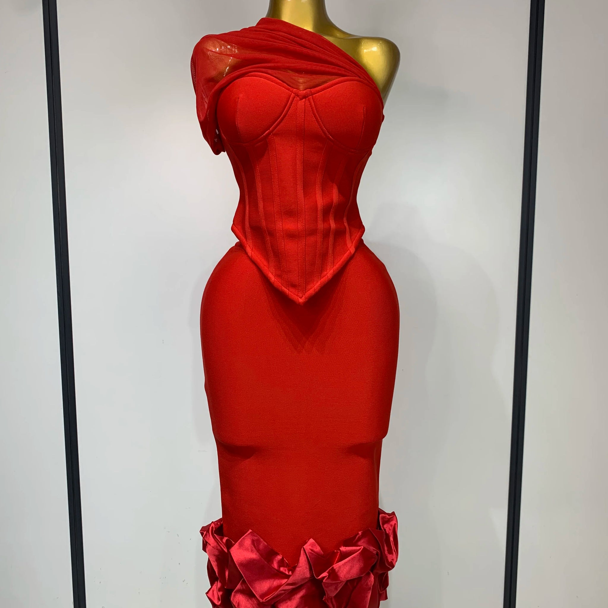 Women Sexy One Shoulder Mesh Splice Red Two Pieces Skirt Bandage Set 2025 Celebrity Designer Fashion Evening Party Women's Set Red