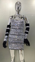 Women Luxury Sexy Crystal Beading Women Sleeveless Sexy Bodycon Mini Dress Gloves Nightclub Party Celebrate Birthday Dress black