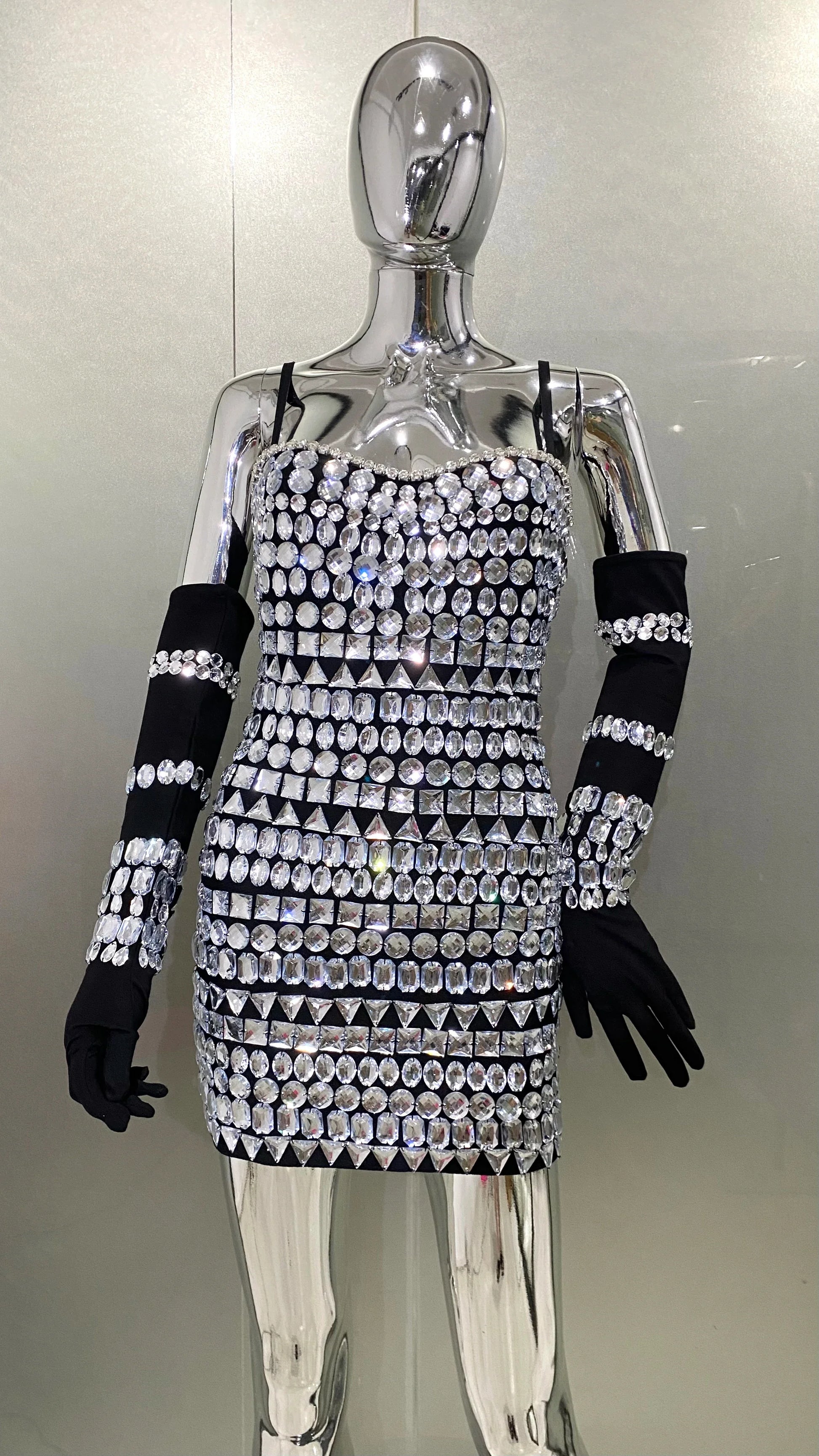 Women Luxury Sexy Crystal Beading Women Sleeveless Sexy Bodycon Mini Dress Gloves Nightclub Party Celebrate Birthday Dress black