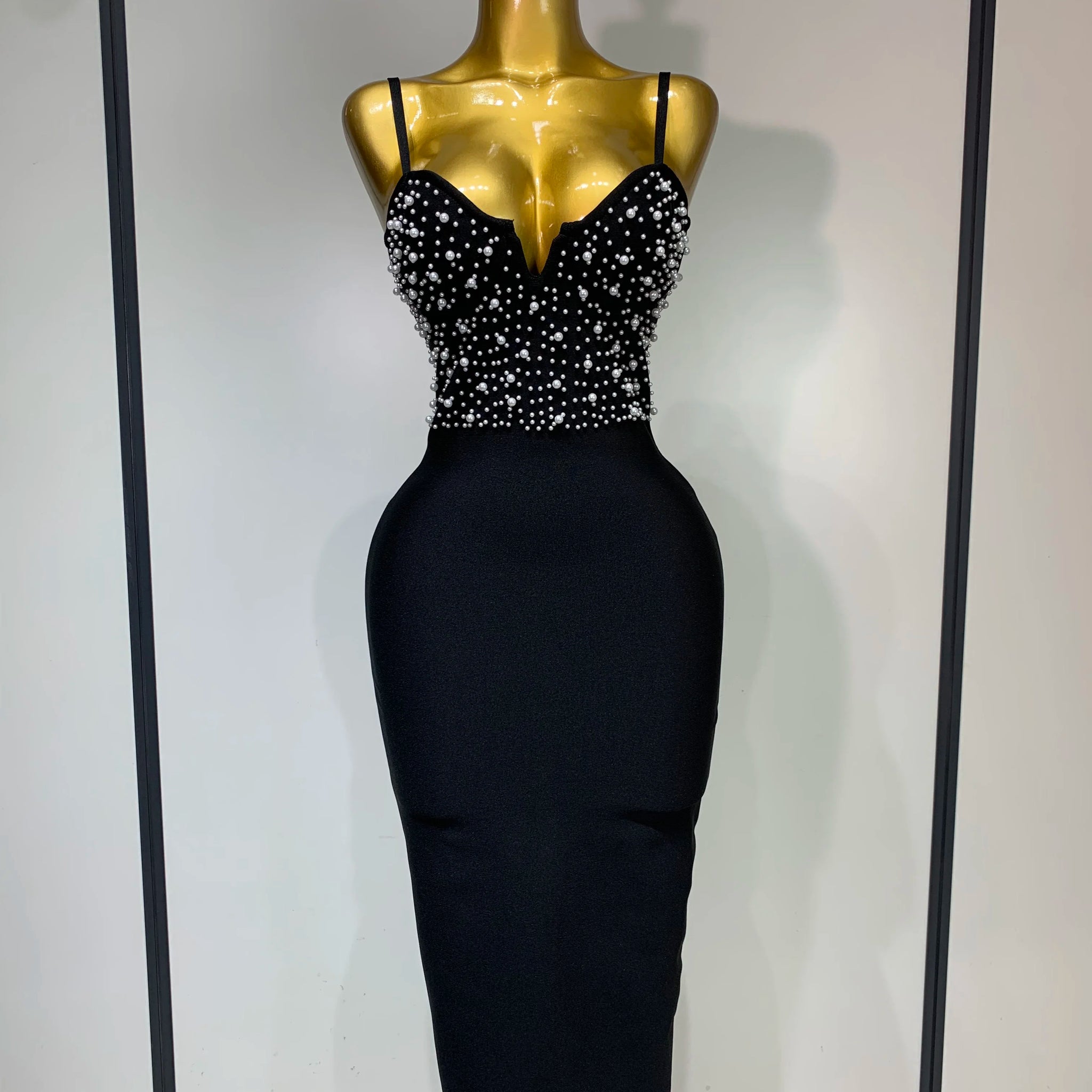 Women Sexy V-neck Elegant Pearl Bodycon Bandage Dress 2025 Celebrity Evening Prom Club Luxury Birthday Party Nightclub Dresses black